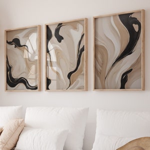 Conjunto de 3 impressões abstratas, arte de parede em preto e bege, conjunto de parede de galeria neutra, decoração de parede japonesa, pôster em tons de terra, arte com pinceladas para impressão