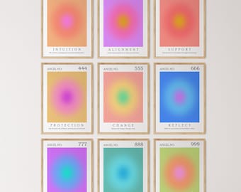 Angel Number Print Set of 9, Aura Gradient Spiritual Wall Art, Printable Zen Poster