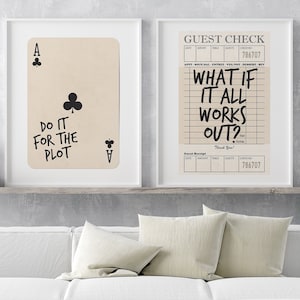Zestaw 2 sztuk sztuki ściennej retro, Do It For The Plot Print, plakat What If It All Works Out, wydrukowana grafika Ace Of Clubs, dekoracja ścienna Guest Check