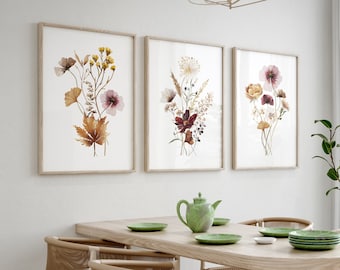 Conjunto de impresión de flores silvestres de acuarela de 3, arte de pared imprimible botánico neutro, conjunto boho de flores secas de 3, conjunto de pared de galería floral minimalista