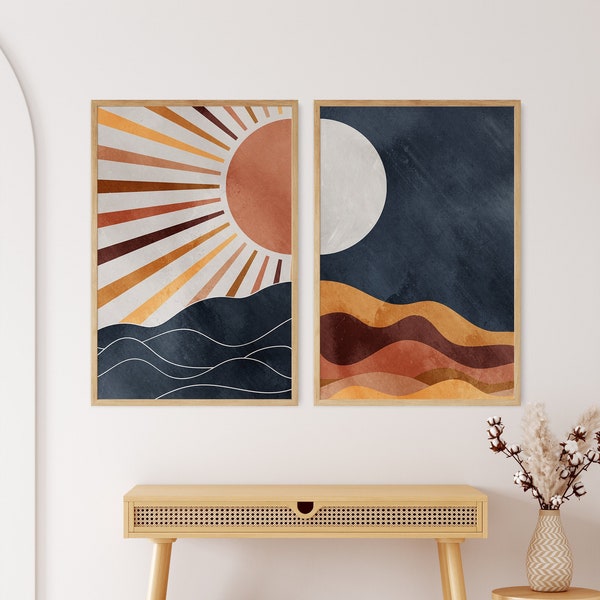 Sun And Moon Print Set of 2, Boho Wall Set, Printable Abstract Diptych Wall Art, Mid Century Modern Sunset Poster, Bohemian Gallery Artwork