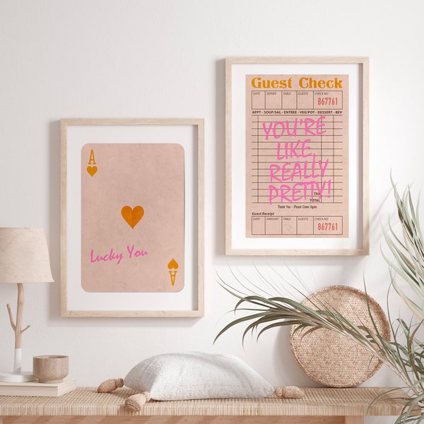 Retro Wall Art Set of 2, Lucky You Print, You're Like Really Pretty Poster, Trendy Ace Of Hearts Artwork, Preppy Guest Check Cute Wall Decor