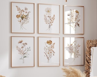 Wildflowers Print Set of 6, Watercolor Flower Gallery Wall Set, Boho Botanical 6 Piece Wall Art, Neutral Floral Poster, Minimalist Bouquet