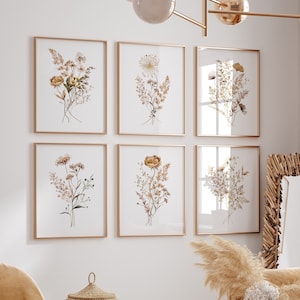 Conjunto de impresión de flores silvestres de 6, conjunto de pared de la galería de flores de acuarela, arte de pared botánico boho de 6 piezas, póster floral neutro, ramo minimalista