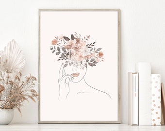 Woman Line Art, Head Of Flowers Female Line Drawing, Printable Boho Girl Face Wall Art, Floral Feminine Sketch Artwork, Minimalist Poster
