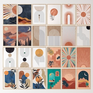 Puede incluir: Una colección de veinticuatro impresiones artísticas enmarcadas con diseños abstractos y paisajísticos. Las impresiones presentan paletas de colores cálidos con soles, lunas y formas geométricas. Cada impresión es rectangular con un marco de madera.