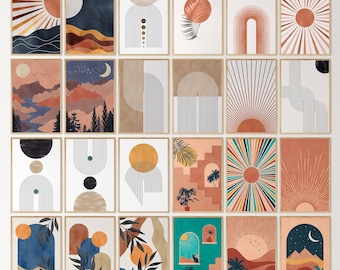 Boho Wall Art Bundle, Mid Century Print Set of 24, Bohemian Gallery Artwork