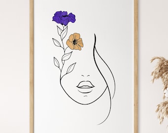 Abstrakte Frau Gesicht Wandkunst, Boho weibliche Silhouette botanische Druck, minimalistische Line Art