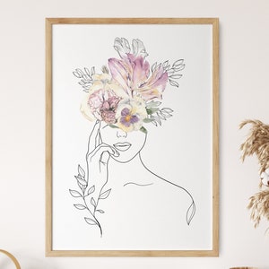 Kopf der Blumen Wand Kunst druckbare Frau Linie Kunst, Aquarell Blumen Druck, weibliches Gesicht Linie Zeichnung Poster, Boho abstrakte Blätter Skizze Kunst