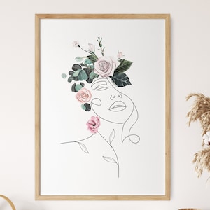 Boho Weibliches Gesicht Linie Kunst, Frau Silhouette Wandkunst, Blumenkopf Poster, Aquarell Malerei Rosenstrauß Kunstwerk, Blumenskizze Druck