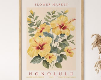 Honolulu Hawaii Poster, Flower Market Wall Art, Yellow Hibiscus Flower Print, Colorful Tropical Wall Decor, Trendy Printable Floral Artwork