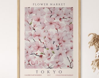Flower Market Poster, Cherry Blossom Print, Tokyo Wall Art, Pink Botanical Artwork, Abstract Floral Wall Decor, Sakura Retro Room Decor