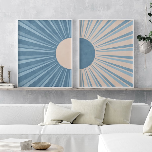 Boho Sun Print Set of 2, Blue Beige Artwork, Diptych Wall Art, Mid Century Modern Wall Decor, Printable Sunburst Poster, Sun Rays Home Decor