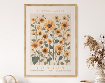 Impresión del mercado de flores, arte del cartel de Londres, arte de la pared del girasol, arte floral retro, decoración de la pared de la exposición, decoración abstracta de la sala de la planta botánica