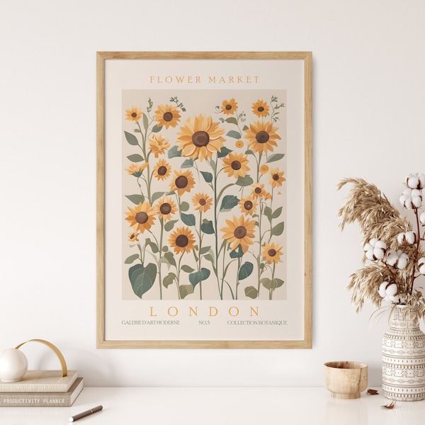 Flower Market Print, London Poster Art, Sunflower Wall Art, Retro Floral Artwork, Exhibition Wall Decor, Abstract Botanical Plant Room Decor