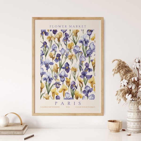 Flower Market Print, Paris Wall Art, Yellow And Blue Iris Flower Poster, Botanical Artwork, Retro Floral Wall Decor, Matisse Inspired Art