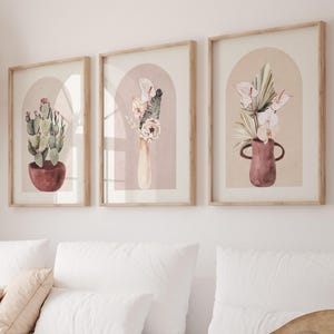 Juego de 3 piezas de arte mural tropical, estampado de plantas del desierto en acuarela, decoración de pared de cerámica botánica, póster de jarrón bohemio, obra de arte con cactus de terracota