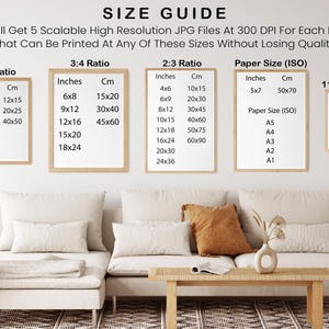 May include: A size guide for printable digital art, showing different aspect ratios and paper sizes. The guide includes measurements in inches and centimeters. The image shows a living room with a couch and a side table.