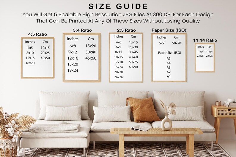 May include: A size guide for printable digital art, showing different aspect ratios and paper sizes. The guide includes measurements in inches and centimeters. The image shows a living room with a couch and a side table.