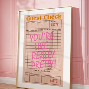 Poster gastencheque, je bent echt mooi print, retro bon kunst aan de muur, trendy appartement decor, funky bar kar decor, roze muur decor