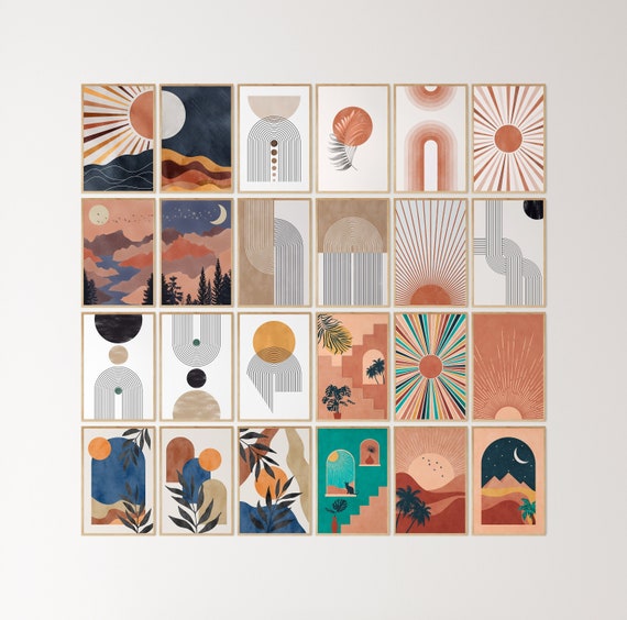 Boho Wall Art Bundle, Mid Century Print Set of 24, Bohemian Gallery Artwork