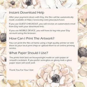 May include: Text on a light pink background with a floral design. The text explains how to download and print digital files purchased from Etsy. The text includes information about using guest checkout, mobile devices, and printing options. The text also includes a section on what paper to use for printing.