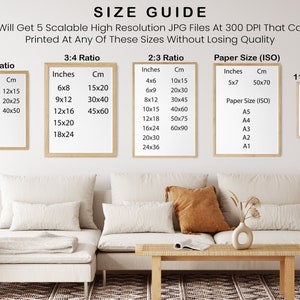 May include: A size guide for printable art prints, showing different aspect ratios and corresponding measurements in inches and centimeters. The guide also includes standard paper sizes in inches and centimeters, such as 5x7, A4, and A3.