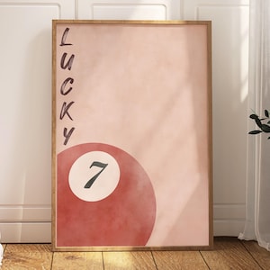Lucky 7 Print, Retro Pool Ball Wall Art, Watercolor Red Poster, Printable Preppy Artwork, Bar Cart Wall Decor, Trendy Digital Download Art