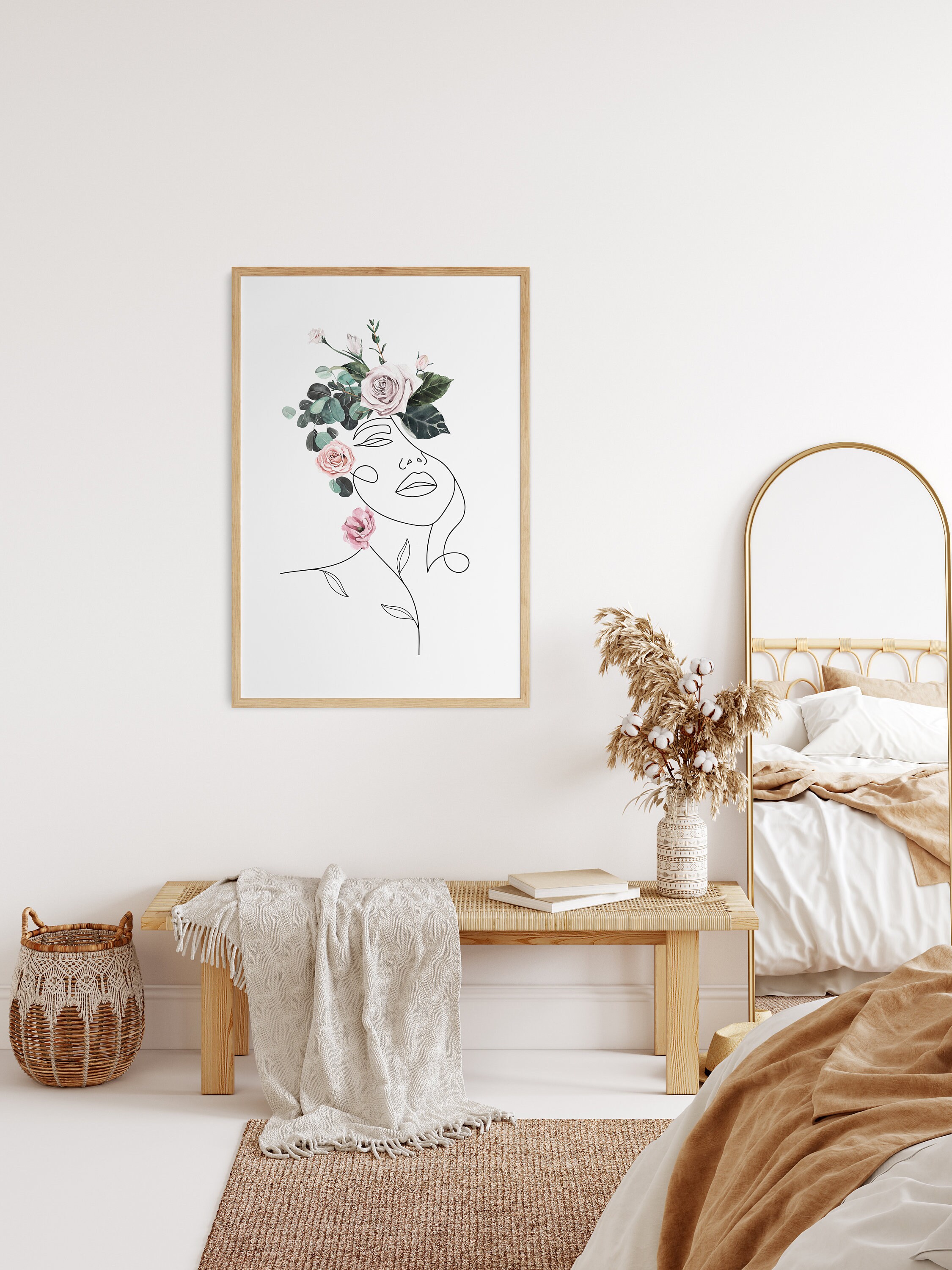 Affiche Bohème Abstraite Sur Toile - Dessin Visage Femme - Décoration Murale Chambre 60x90 Cm - Sans Cadre