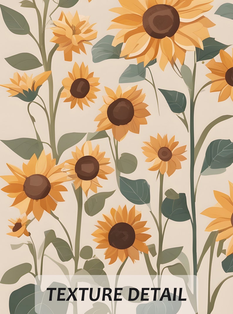 May include: A digital illustration of a pattern of sunflowers with green leaves on a beige background. The text "TEXTURE DETAIL" is at the bottom of the image.