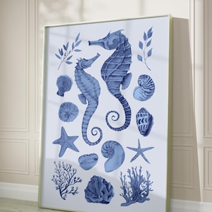Aquarell Sea Life Wandbild, Seepferdchen Druck, Küsten Wanddekoration, Navy Blau Strandhaus Poster, Maritimes Kunstwerk, Ocean Art Print