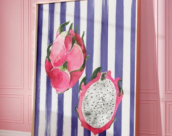Dragon Fruit Kitchen Print, Retro Stripes, Minimalist Farmhouse Wall Art
