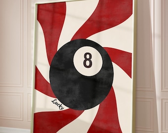 Vintage 8 Ball Wall Art, Retro Bar Cart Print, Red and Black Poster