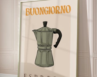 Impresión de cafetera moka Buongiorno, arte mural de cocina italiana de espresso, póster de café imprimible