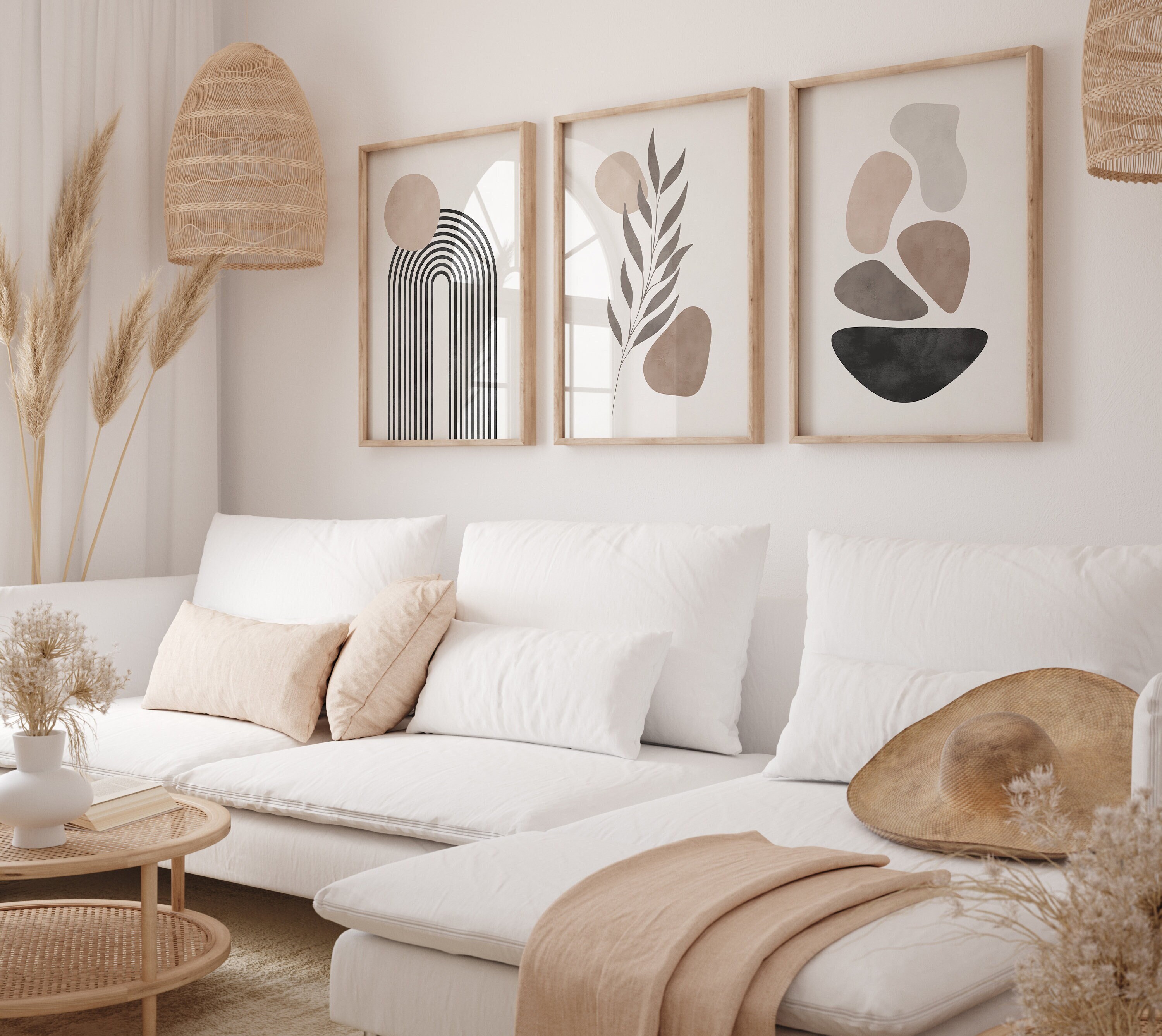 Set Di 3 Poster Stampe Artistiche Boho Geometrici Beige E Nero | Quadri Tela Senza Cornice 28x35cm Per Soggiorno Camera
