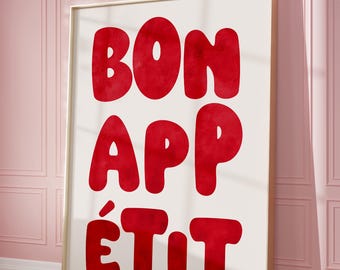Bon Appetit Print, Französisches Zitat Rotes Poster, Küche Wandkunst