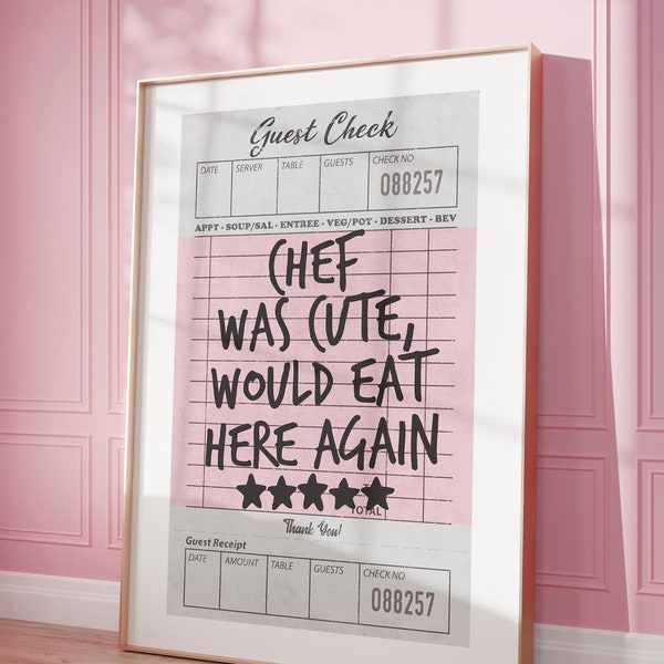 Gast check poster, chef-kok was schattig zou hier weer eten print, retro koken kunst aan de muur, trendy keuken decor, eetkamer muur decor, chef-kok kunst