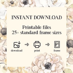Puede incluir: Descarga instant&aacute;nea de archivos imprimibles para m&aacute;s de 25 tama&ntilde;os de marco est&aacute;ndar. Descarga, imprime y enmarca tu obra de arte. La imagen presenta un dise&ntilde;o floral con flores blancas y beige.