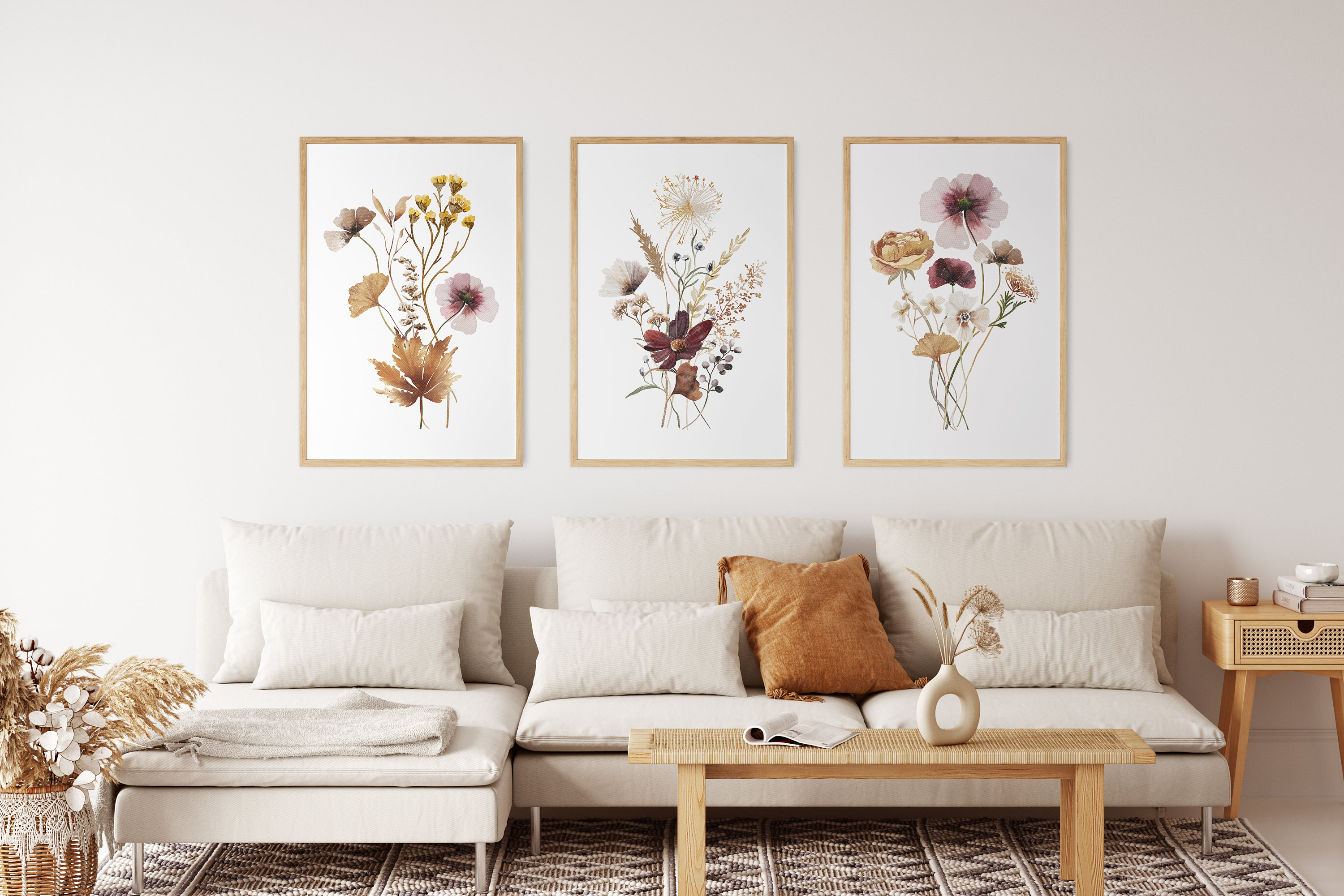 Watercolor Wildflowers Print Set of 3, Neutral Botanical Printable Wall ...
