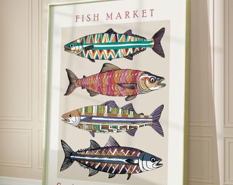 Retro Sardines Art Print, Colorful Fish Market Poster, Nautical Wall Art