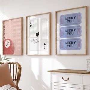 Lot de 3 oeuvres d'art murales porte-bonheur, impression de 7 boules de billard, affiche sentiment de chance, oeuvre d'art billet rétro, décoration murale as de cartes à jouer, chiffre porte-bonheur imprimable