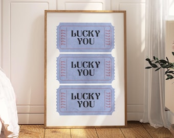 Retro Lucky You Ticket Print, Trendy Blue Wall Art, Printable Bar Cart Poster