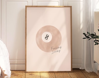 8 Ball Print, Retro Rose Pink Preppy Wall Art, Feeling Lucky Poster