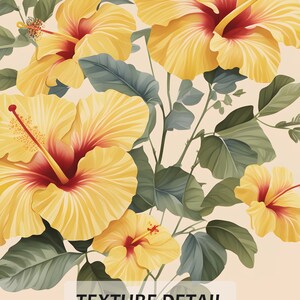 May include: A close-up of yellow hibiscus flowers with red centers. The flowers are arranged in a bouquet with green leaves. The background is a light beige color. The text "TEXTURE DETAIL" is at the bottom of the image.