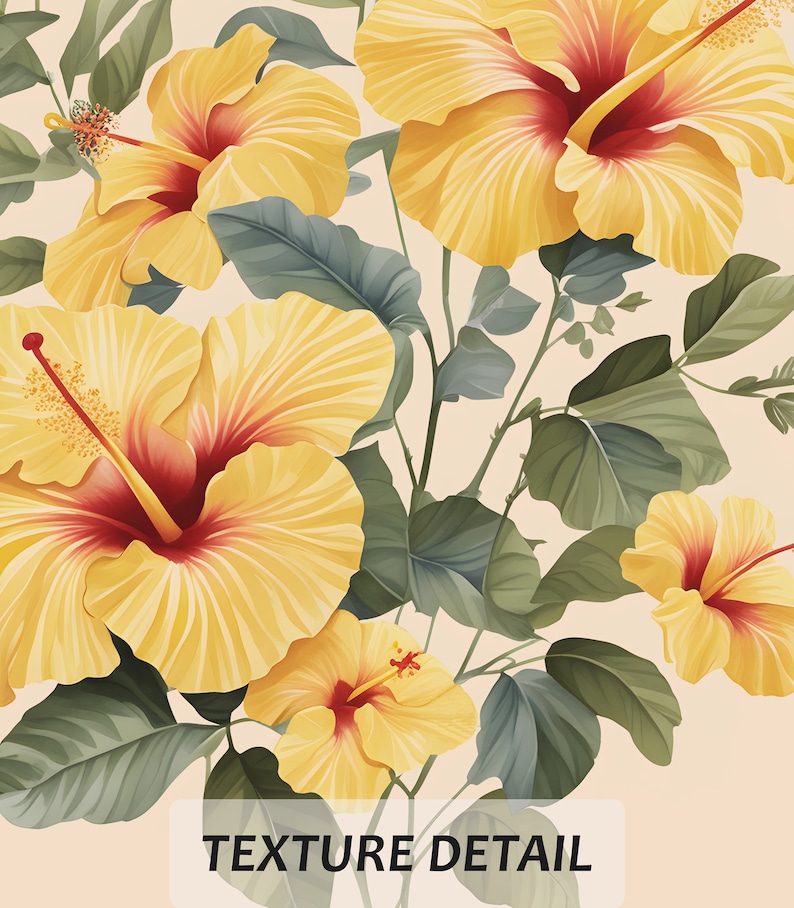 May include: A close-up of yellow hibiscus flowers with red centers. The flowers are arranged in a bouquet with green leaves. The background is a light beige color. The text "TEXTURE DETAIL" is at the bottom of the image.