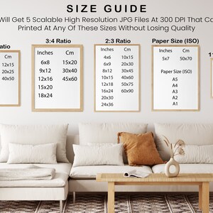 May include: A size guide for printable art prints, showing different aspect ratios and corresponding measurements in inches and centimeters. The guide also includes standard paper sizes in inches and centimeters, such as 5x7, A4, and A3.