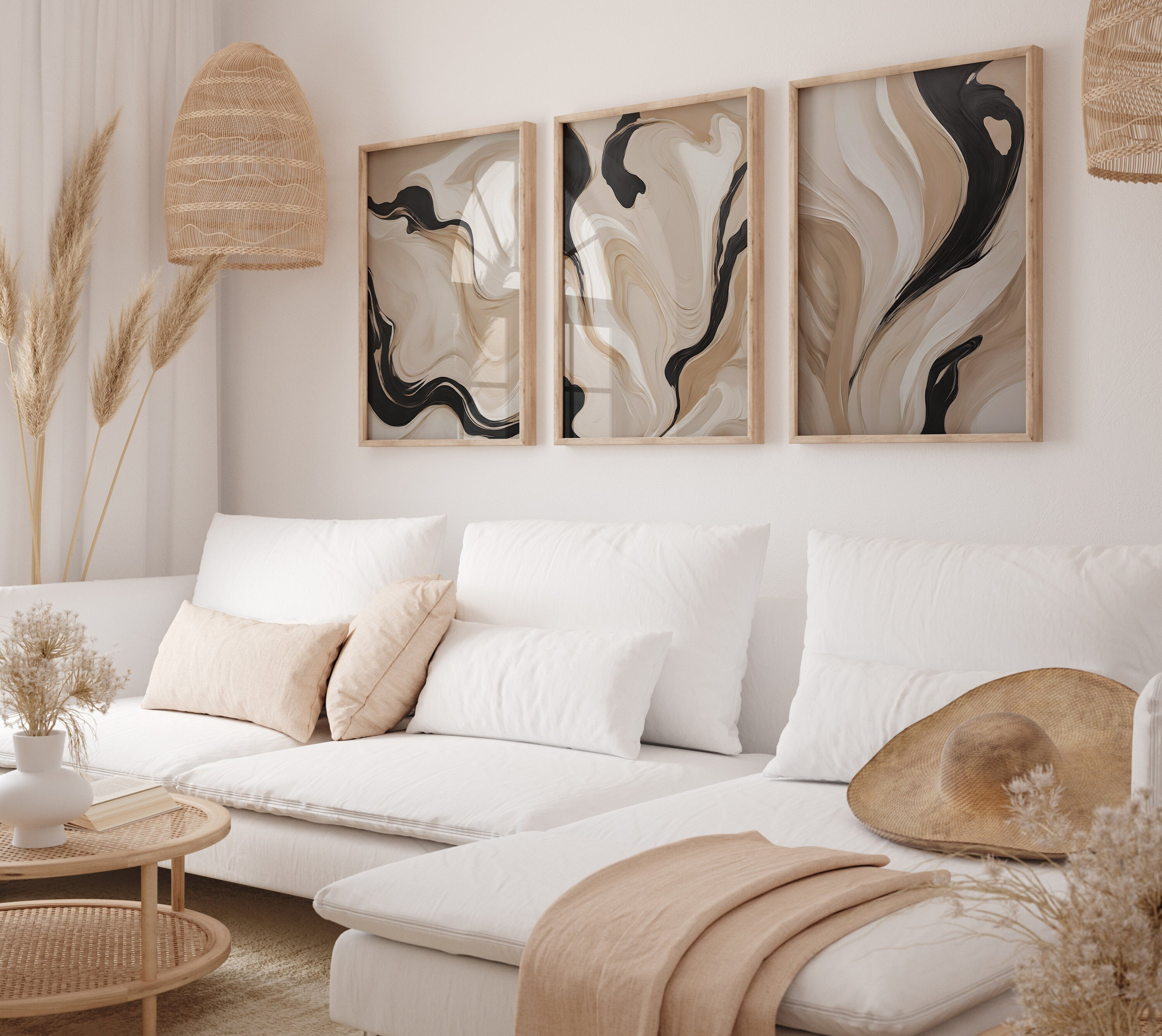 Abstract Print Set of 3, Black Beige Wall Art, Neutral Gallery Wall Set, Japandi Wall Decor, Earth Tones Poster, Printable Brush Strokes Art