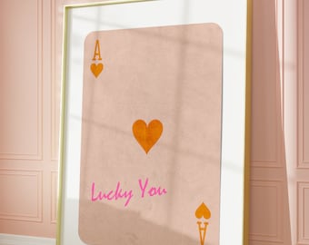 Lucky You Wall Art, Retro Ace Of Hearts Print, Orange Pink Playing Card Poster, Preppy Ace Card Artwork, Funky Bar Cart Decor, Trendy Gift
