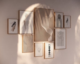 Boho Gallery Wall Art Set of 9, Neutral Abstract Print, Printable Modern Poster