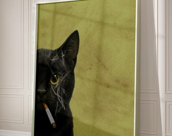 Black Cat Wall Art, Whimsical Home Decor, Printable Vintage Poster, Kitten Print, Digital Artwork